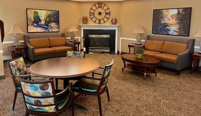 Lively common area with comfortable seating and art