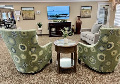 Cozy lounge area with patterned chairs and TV.