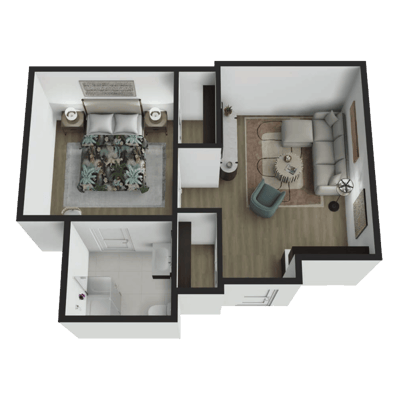 Architectural floor plan of a one-bedroom unit