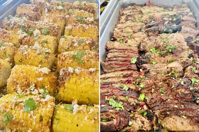 Delicious grilled corn and sliced brisket meal.