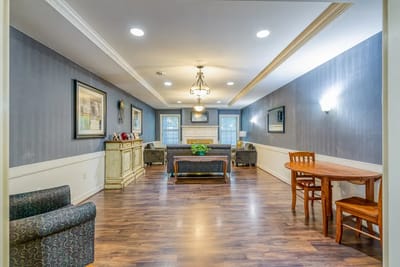 A cozy common area with seating and decor