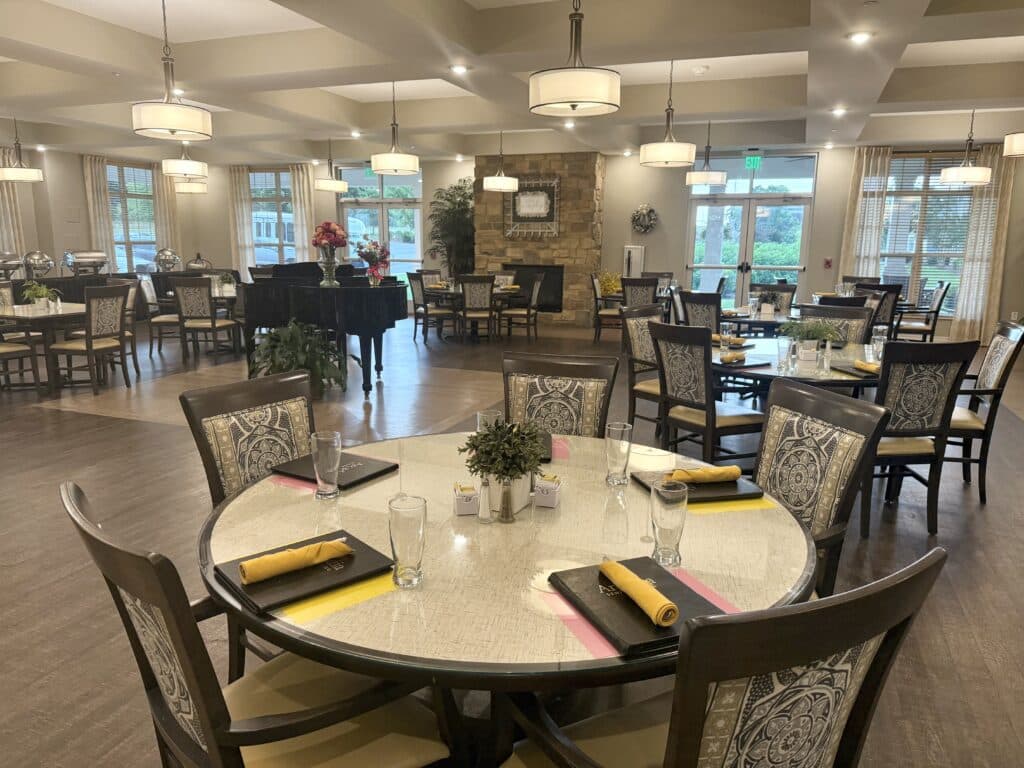 Dining room set up for a meal with table decor