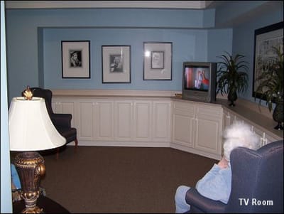 Residents relaxing in a TV room with blue decor