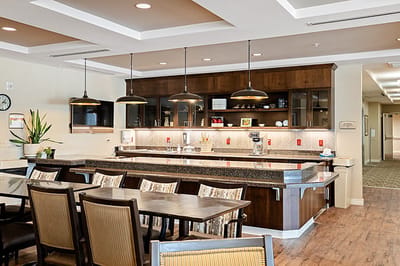 Bright dining area with modern decor and seating