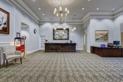 Lobby area with reception desk and seating