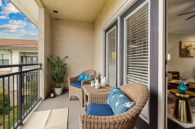 Cozy balcony seating with a view