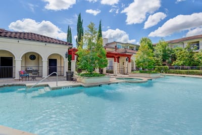 Swimming pool surrounded by greenery and lounge areas