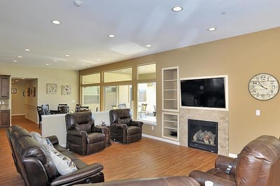 Interior common area with seating and fireplace