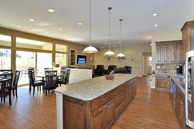 Bright, spacious common area with modern furniture