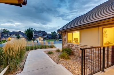 Exterior view of an assisted living facility pathway