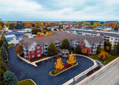 Aerial view of the Berkshire Grafton facility surrounded by autumn trees