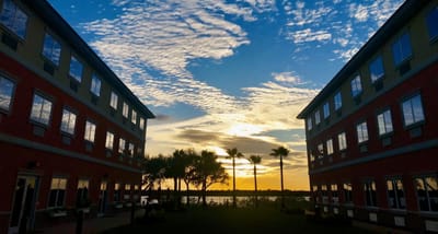 Sunset view between two buildings at Heritage Waterside