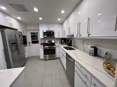 Modern kitchen interior with stainless steel appliances