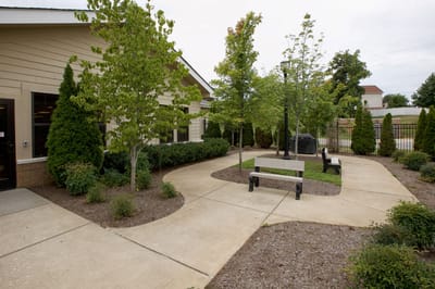 Pathway and seating area in a garden space