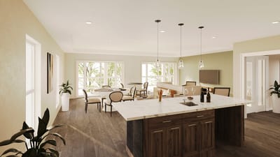 Bright common area with dining tables and a kitchen island