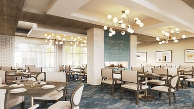 Elegant dining room with tables set for meals