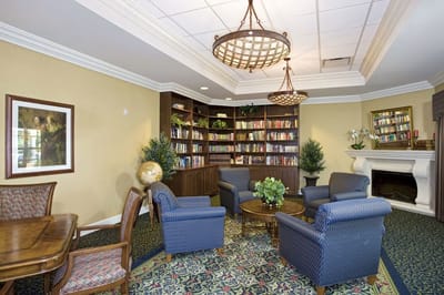 Interior of a cozy library area with seating