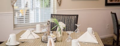 Dining table set with glasses and napkins