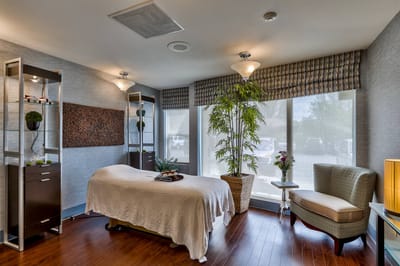 A well-lit therapy room with massage table and plants
