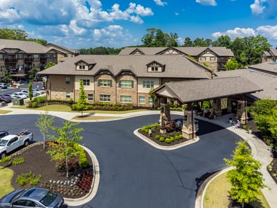 Aerial view of the facility entrance and landscaping