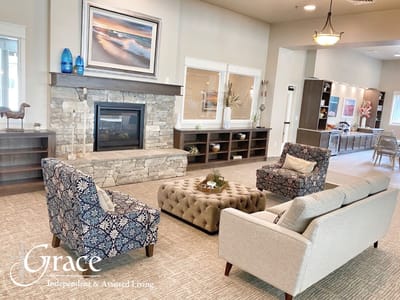 Cozy common area with comfortable seating and fireplace