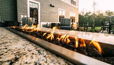 Fire feature in an outdoor seating area