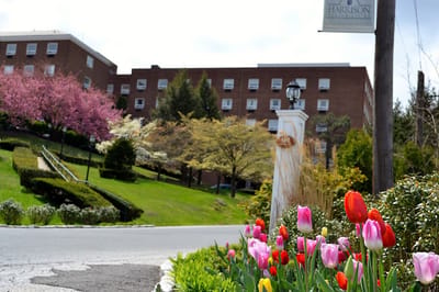 Exterior view of Harrison House with blooming flowers