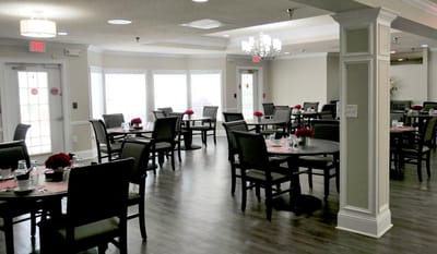 Dining area with tables set up for meals