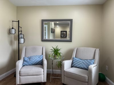 Cozy seating area with two chairs and greenery