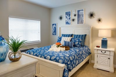 Cozy resident room with blue decor and a flower arrangement