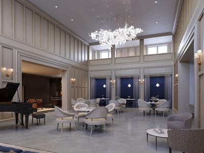Elegant interior common area with seating and piano