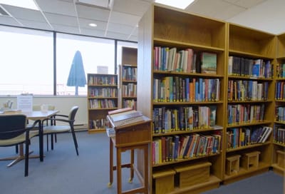 Interior view of a library with bookshelves