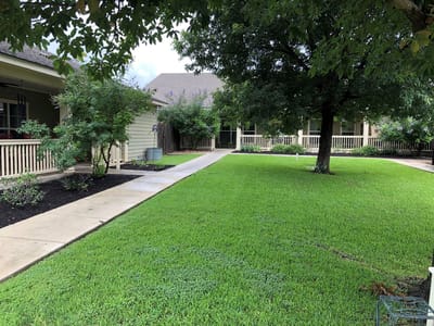 Well-maintained outdoor pathway and green lawn