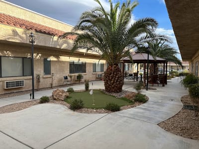 An outdoor courtyard with palm trees and seating areas