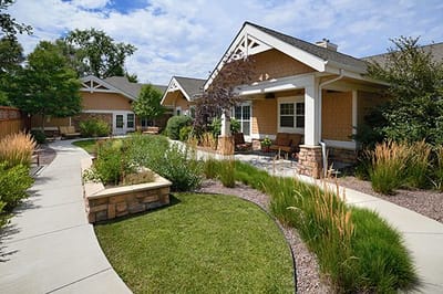 Exterior view of the assisted living facility's garden and pathways