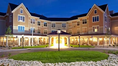 Exterior view of the MorningStar Assisted Living facility at dusk