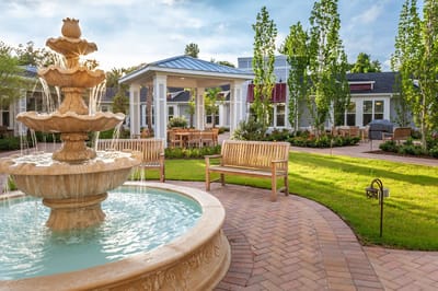 Tranquil garden with a fountain and seating