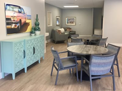 Common area with seating and artwork