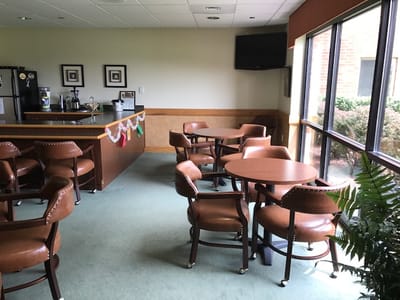Interior common area with seating and coffee bar