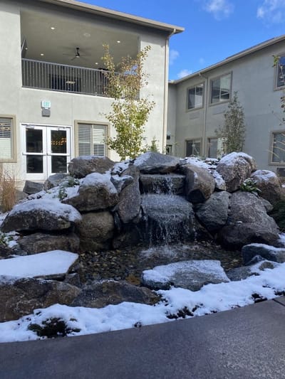 Outdoor water feature surrounded by snow and foliage