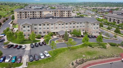 Aerial view of the Sunrise at FlatIrons facility with landscaped grounds