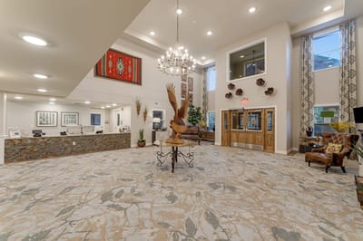 Interior lobby area with decorative elements and seating