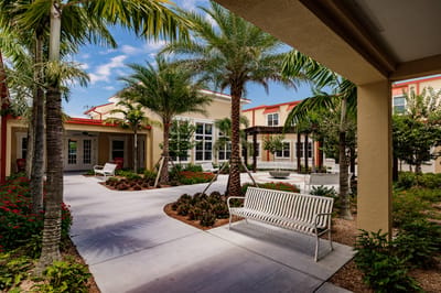 Pathway through a landscaped outdoor space with seating
