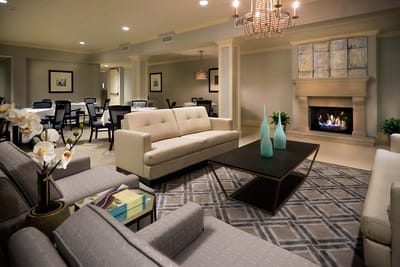 Cozy interior of a common area with seating and fireplace