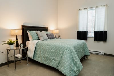 Cozy bedroom setup with a queen bed and ambient lighting