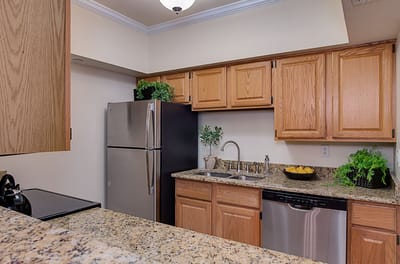 Modern kitchen with granite countertops and appliances