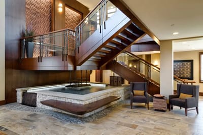 Bright and modern interior lobby with staircase