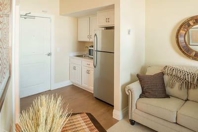Cozy interior view of a kitchenette and living area