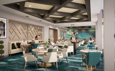 Residents enjoying meals in a bright dining area