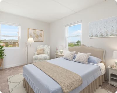 Bright, cozy resident room with stylish decor